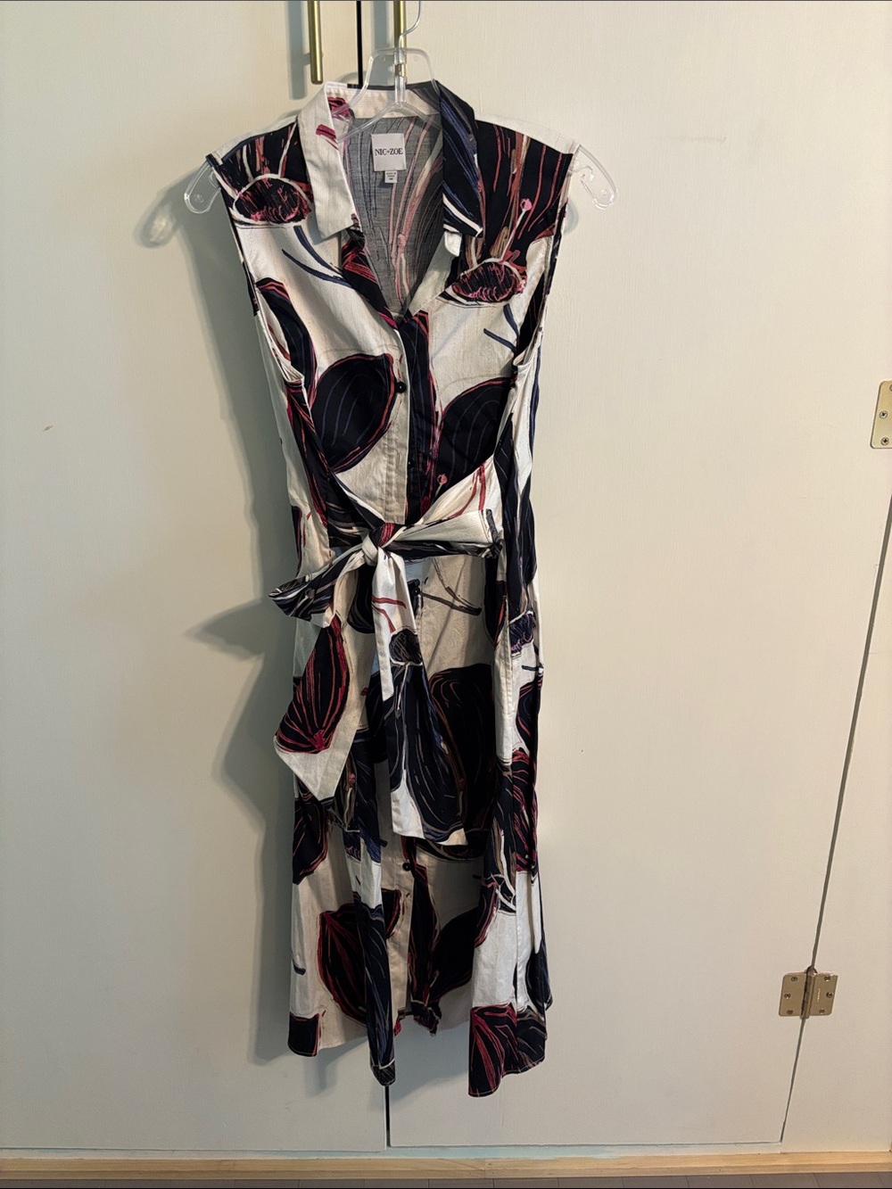 NIC+ZOE White Midi Shirt Dress with Black and Burgundy Leaf Print